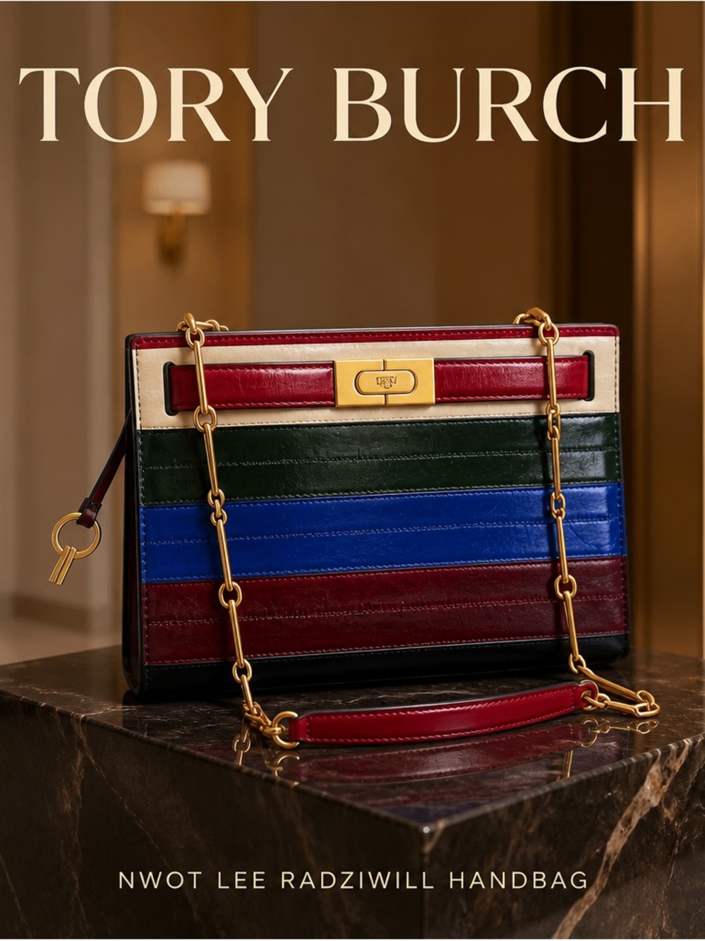 NWOT Tory Burch multi color Lee Radziwill leather handbag gold tone hardware